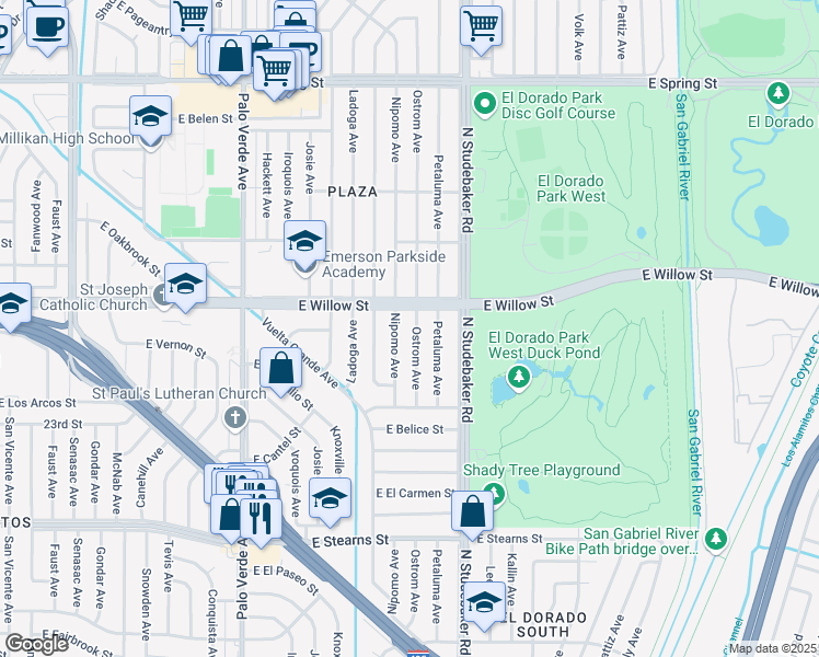 map of restaurants, bars, coffee shops, grocery stores, and more near 2535 Ostrom Avenue in Long Beach