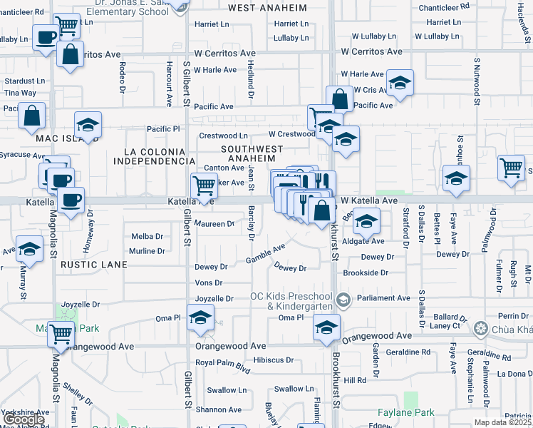 map of restaurants, bars, coffee shops, grocery stores, and more near 9774 Katella Avenue in Anaheim