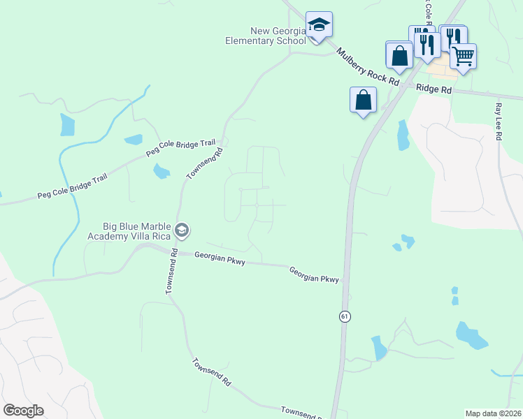 map of restaurants, bars, coffee shops, grocery stores, and more near 651 Meriwether Lane in Villa Rica