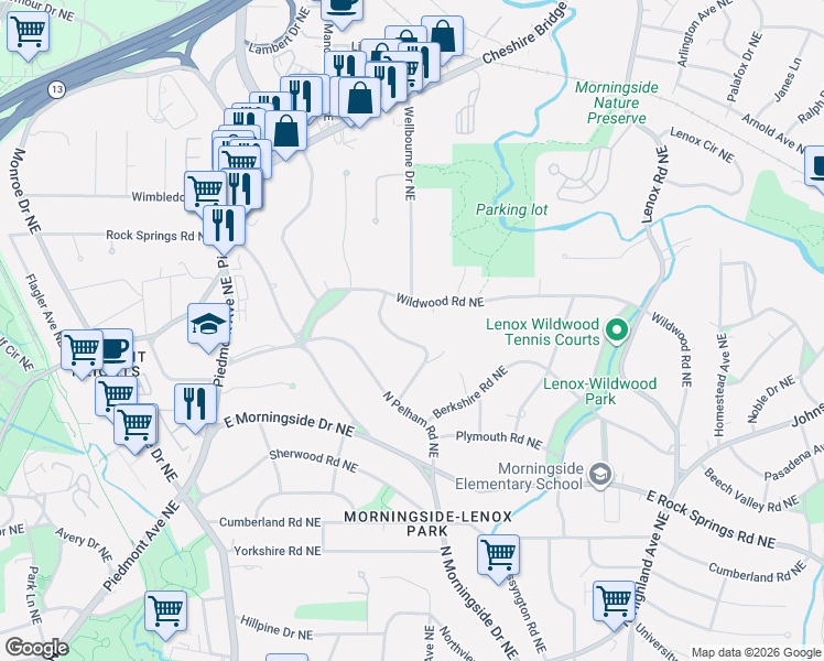 map of restaurants, bars, coffee shops, grocery stores, and more near 1725 Pine Ridge Drive Northeast in Atlanta