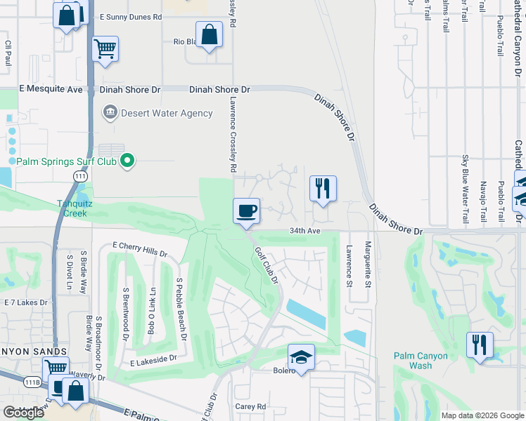 map of restaurants, bars, coffee shops, grocery stores, and more near 1740 Firestone Plaza in Palm Springs