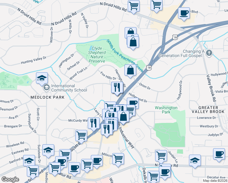 map of restaurants, bars, coffee shops, grocery stores, and more near 2665 Woodridge Drive in Decatur