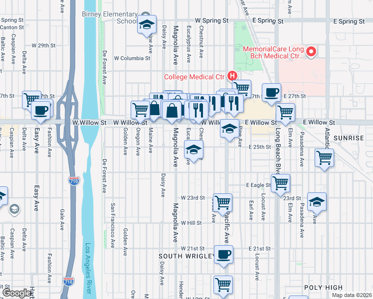 map of restaurants, bars, coffee shops, grocery stores, and more near 2489 Eucalyptus Avenue in Long Beach