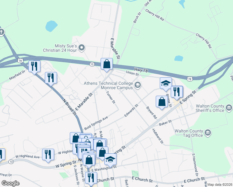 map of restaurants, bars, coffee shops, grocery stores, and more near 635 Stowers Drive in Monroe