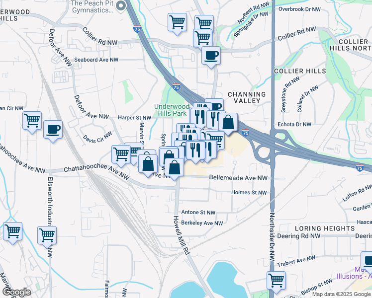 map of restaurants, bars, coffee shops, grocery stores, and more near 1766 Howell Mill Road Northwest in Atlanta