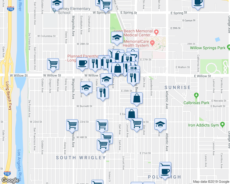 map of restaurants, bars, coffee shops, grocery stores, and more near 2490 Pine Avenue in Long Beach