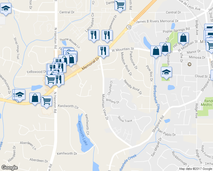map of restaurants, bars, coffee shops, grocery stores, and more near 847 Mountain View Drive in Stone Mountain