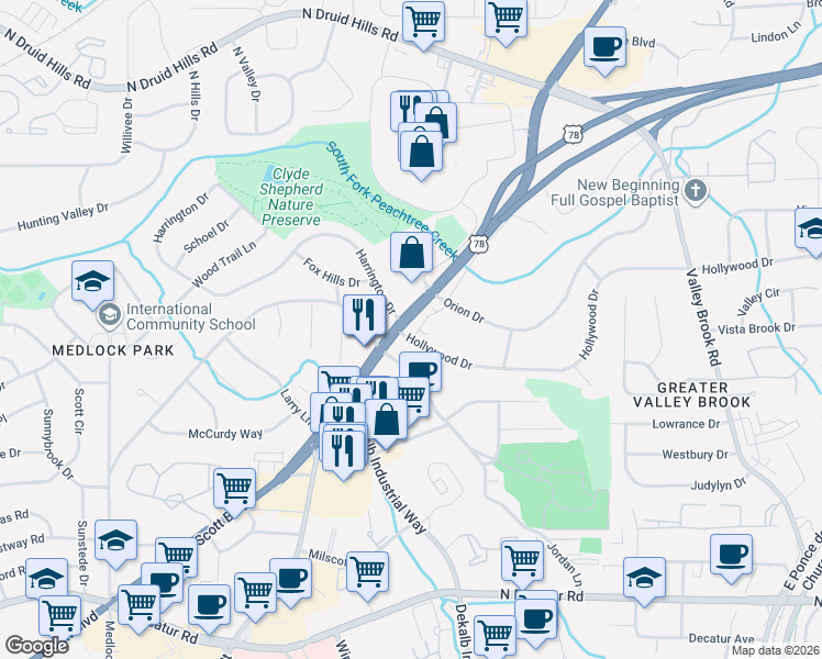 map of restaurants, bars, coffee shops, grocery stores, and more near 2755 Harrington Drive in Decatur
