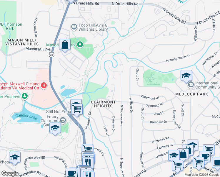 map of restaurants, bars, coffee shops, grocery stores, and more near 844 Heritage Square in Decatur