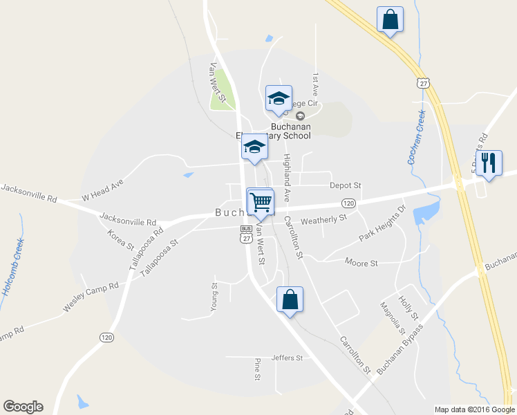 map of restaurants, bars, coffee shops, grocery stores, and more near 115 Van Wert Street in Buchanan