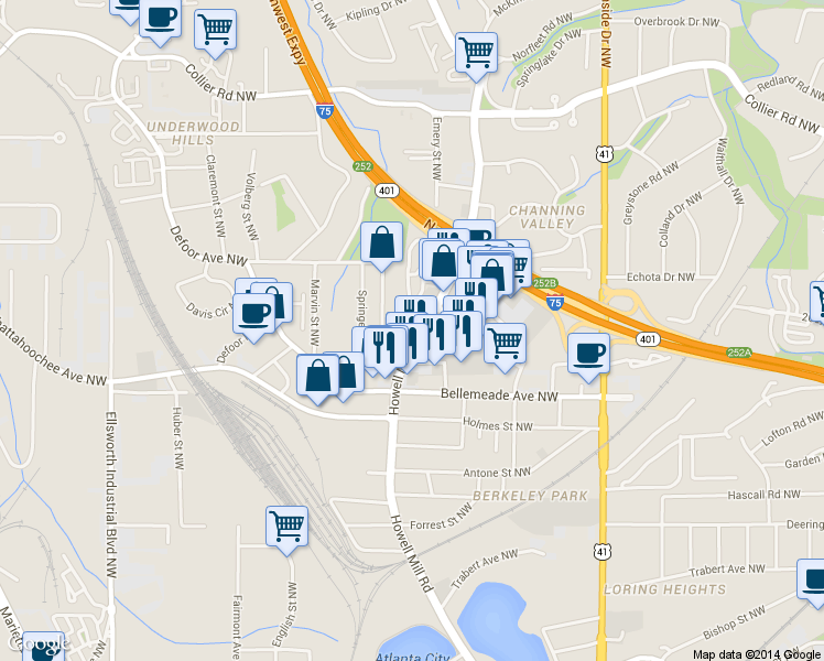 map of restaurants, bars, coffee shops, grocery stores, and more near 1766 Howell Mill Rd in Atlanta