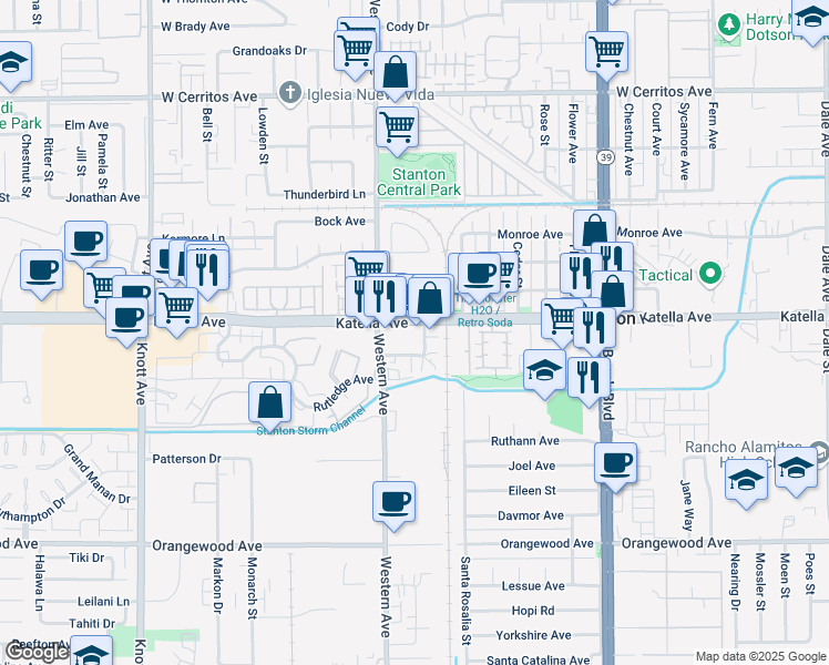 map of restaurants, bars, coffee shops, grocery stores, and more near 7550 Katella Avenue in Stanton