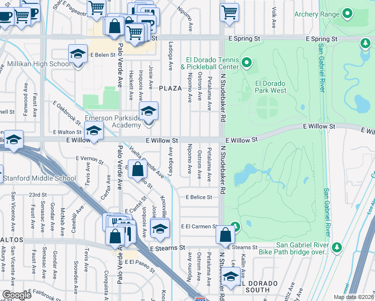 map of restaurants, bars, coffee shops, grocery stores, and more near 2538 Monogram Avenue in Long Beach