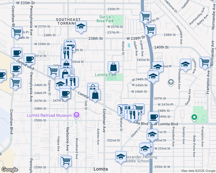 map of restaurants, bars, coffee shops, grocery stores, and more near 1964 Eshelman Way in Lomita
