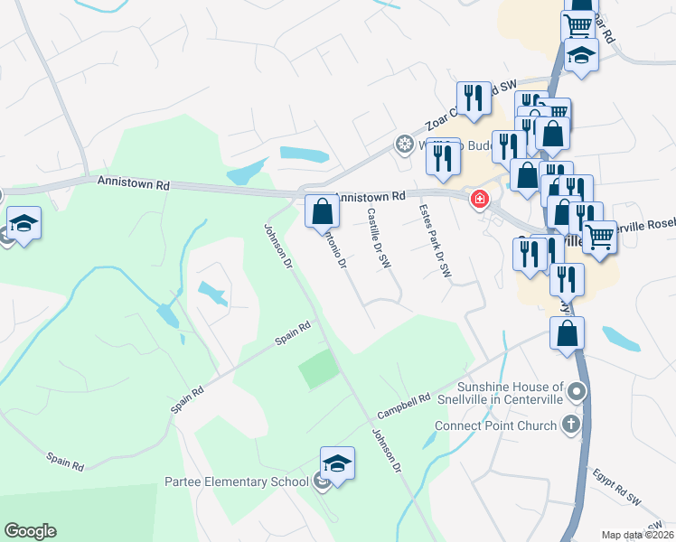 map of restaurants, bars, coffee shops, grocery stores, and more near 3396 San Antonio Drive in Snellville