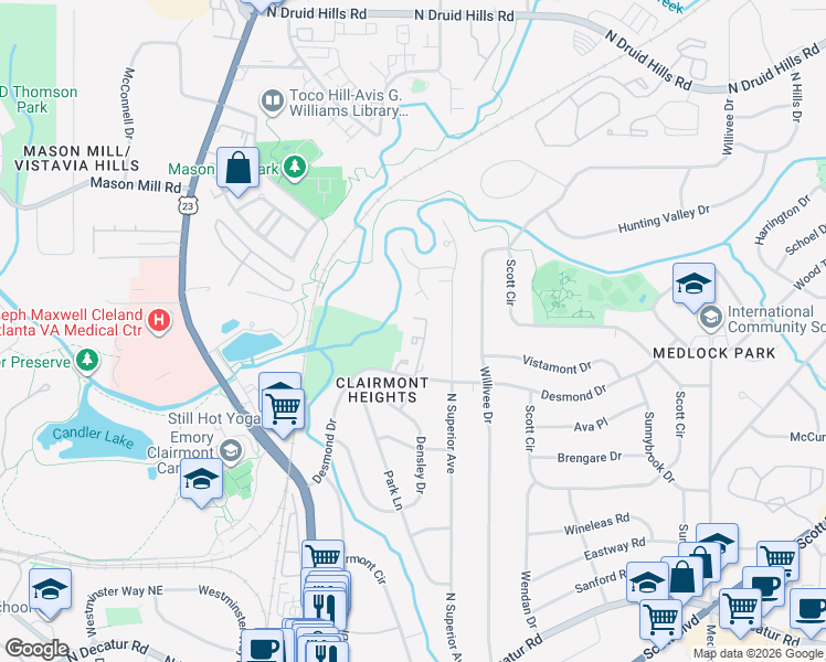 map of restaurants, bars, coffee shops, grocery stores, and more near 844 Heritage Square in Decatur