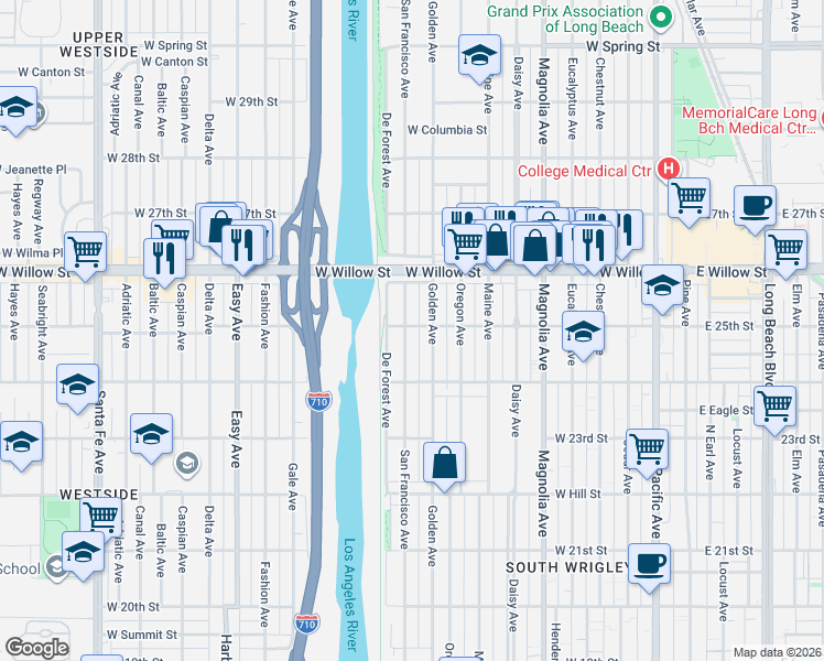 map of restaurants, bars, coffee shops, grocery stores, and more near 2494 San Francisco Avenue in Long Beach