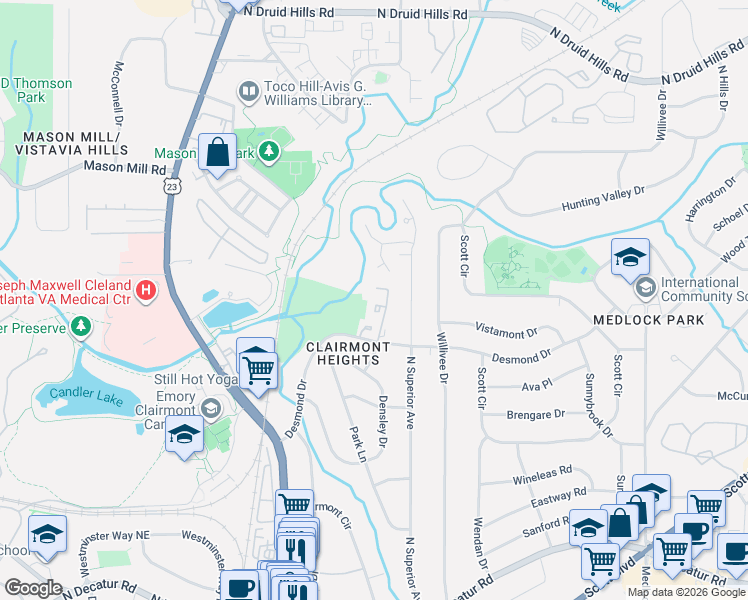 map of restaurants, bars, coffee shops, grocery stores, and more near 844 Heritage Square in Decatur