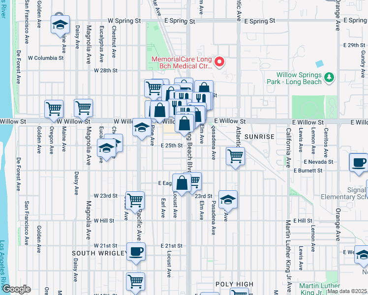 map of restaurants, bars, coffee shops, grocery stores, and more near 2491 Long Beach Blvd in Long Beach