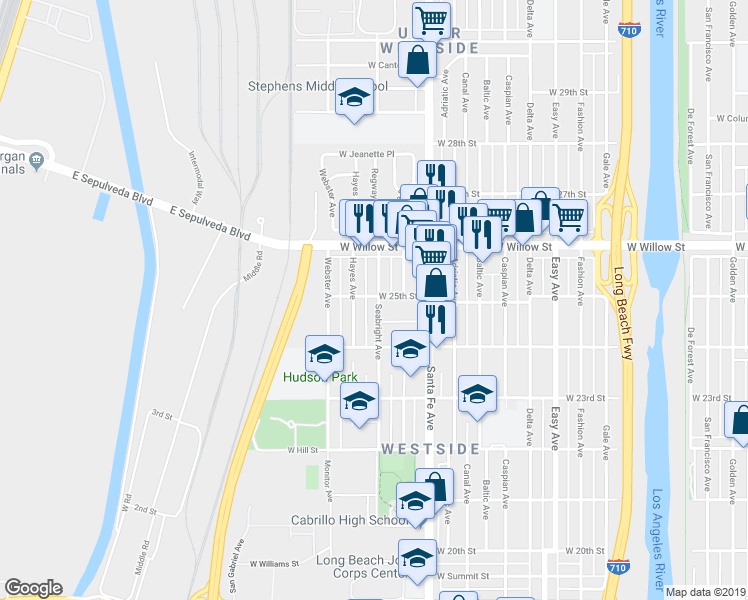 map of restaurants, bars, coffee shops, grocery stores, and more near 1900 West 25th Street in Long Beach