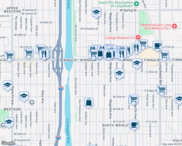 map of restaurants, bars, coffee shops, grocery stores, and more near 2495 Oregon Avenue in Long Beach