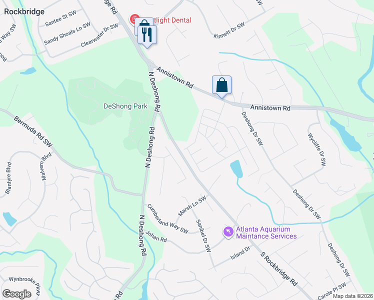 map of restaurants, bars, coffee shops, grocery stores, and more near 240 Mountain Drive in Stone Mountain