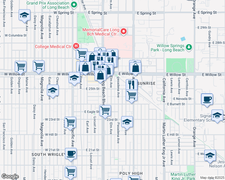 map of restaurants, bars, coffee shops, grocery stores, and more near 2492 Elm Avenue in Long Beach