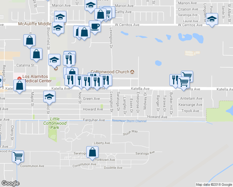 map of restaurants, bars, coffee shops, grocery stores, and more near 11031 Saratoga Drive in Los Alamitos