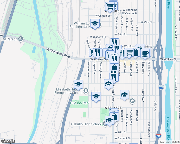 map of restaurants, bars, coffee shops, grocery stores, and more near 2034 West 25th Street in Long Beach