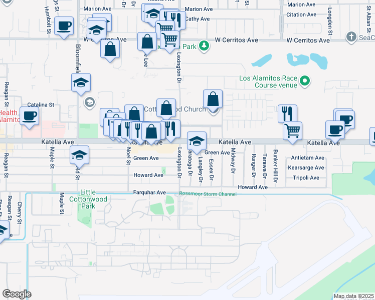 map of restaurants, bars, coffee shops, grocery stores, and more near 11031 Saratoga Drive in Los Alamitos