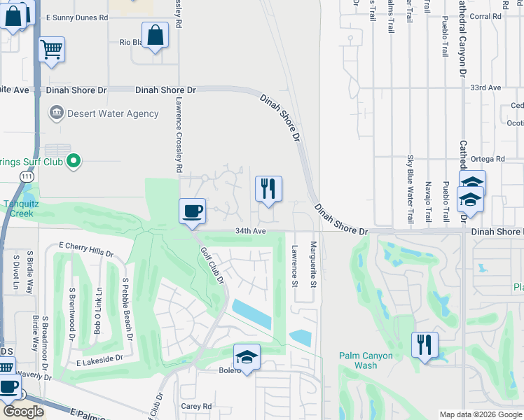 map of restaurants, bars, coffee shops, grocery stores, and more near 1656 Paseo De La Palma in Palm Springs