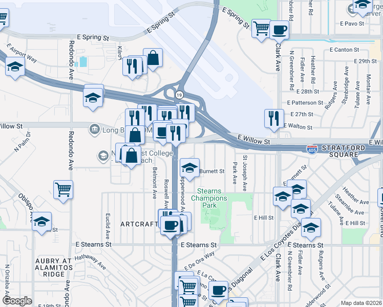 map of restaurants, bars, coffee shops, grocery stores, and more near 2501 Pepperwood Avenue in Long Beach