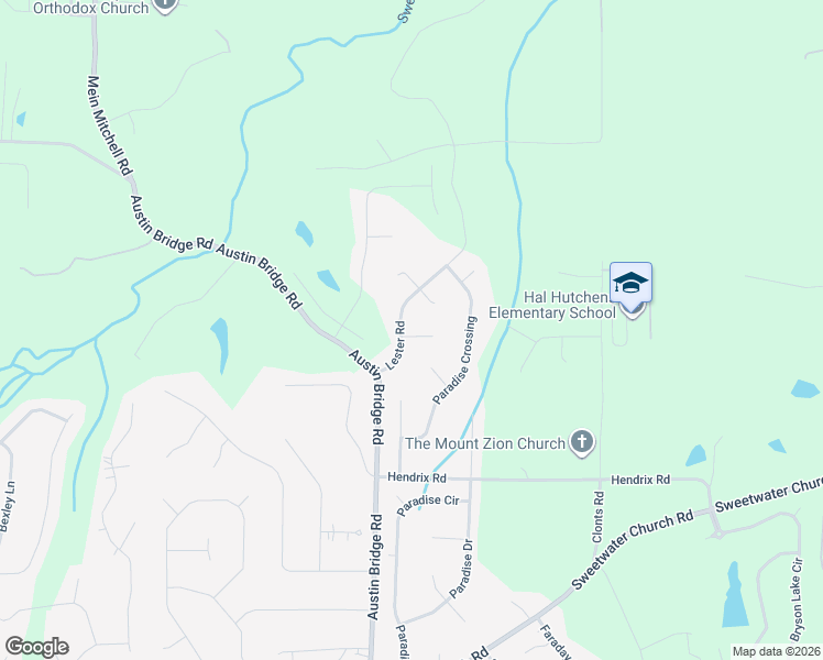 map of restaurants, bars, coffee shops, grocery stores, and more near 53 Austin Bridge Lane in Douglasville