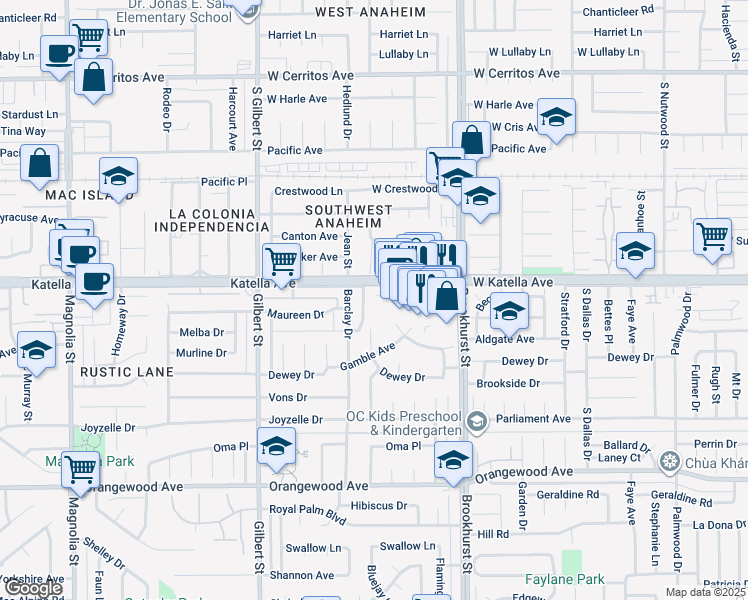 map of restaurants, bars, coffee shops, grocery stores, and more near 9774 Katella Avenue in Anaheim