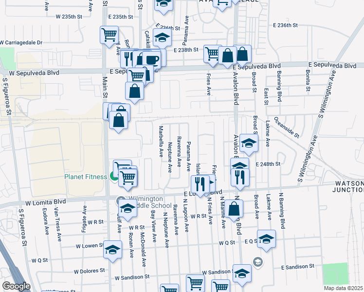 map of restaurants, bars, coffee shops, grocery stores, and more near 24528 Ravenna Avenue in Carson