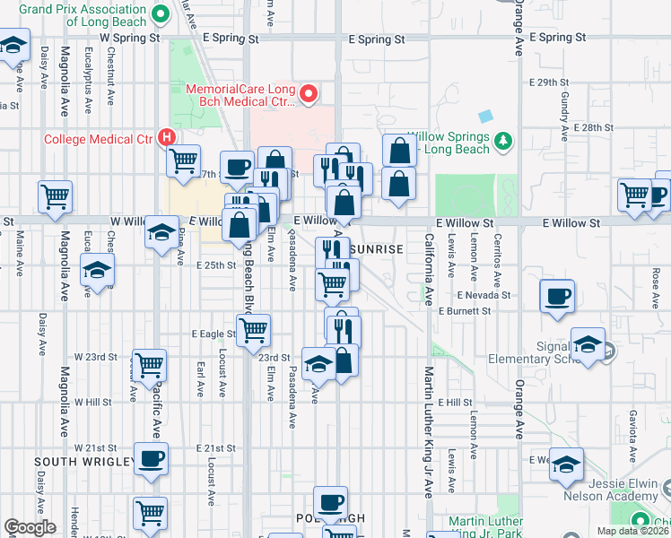 map of restaurants, bars, coffee shops, grocery stores, and more near 2491 Atlantic Avenue in Long Beach