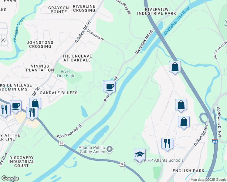 map of restaurants, bars, coffee shops, grocery stores, and more near 6160 Riverview Road Southeast in Mableton