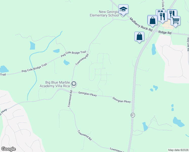 map of restaurants, bars, coffee shops, grocery stores, and more near 122 Cottontail Lane in Villa Rica