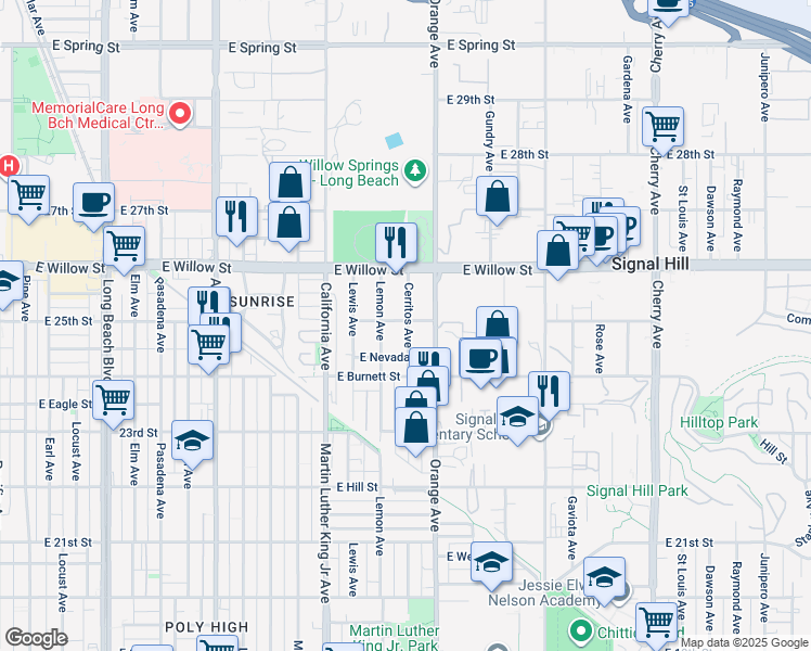 map of restaurants, bars, coffee shops, grocery stores, and more near 2499 Cerritos Avenue in Signal Hill