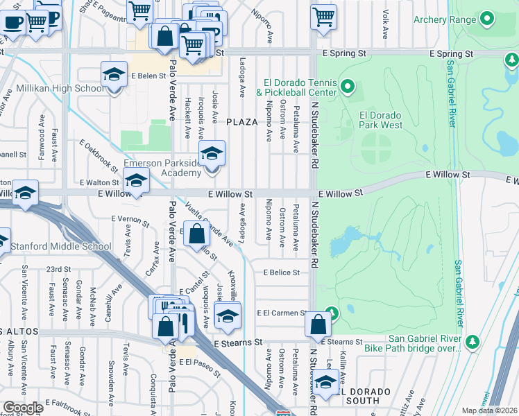 map of restaurants, bars, coffee shops, grocery stores, and more near 2538 Monogram Avenue in Long Beach