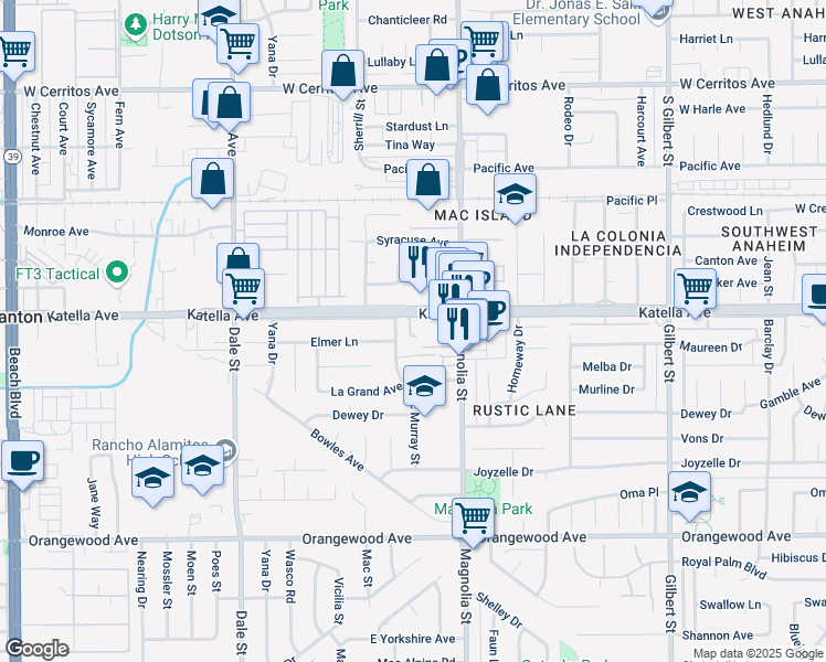 map of restaurants, bars, coffee shops, grocery stores, and more near 11032 Mac Murray Street in Garden Grove
