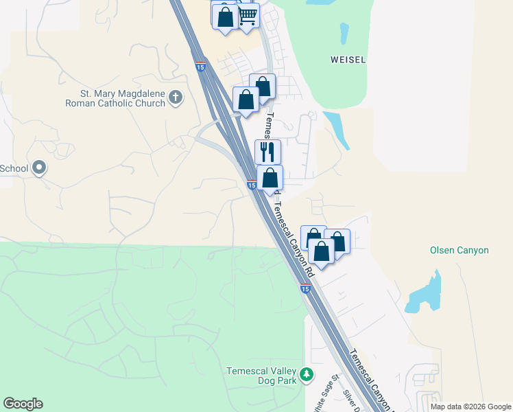 map of restaurants, bars, coffee shops, grocery stores, and more near Knabe Road in Corona
