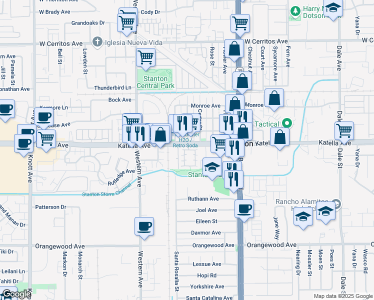 map of restaurants, bars, coffee shops, grocery stores, and more near 1 Serena Way in Stanton