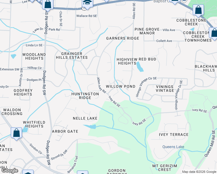 map of restaurants, bars, coffee shops, grocery stores, and more near 151 Barley Court Southeast in Mableton