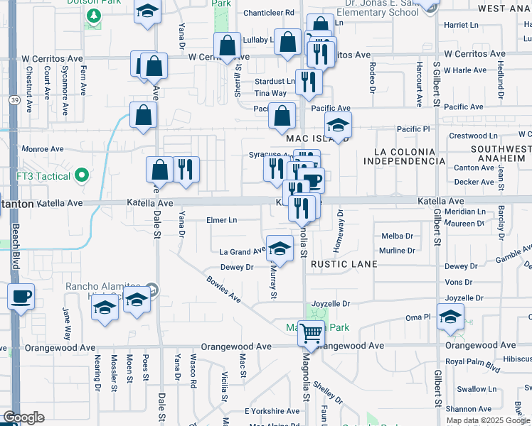 map of restaurants, bars, coffee shops, grocery stores, and more near 11032 Mac Murray Street in Garden Grove