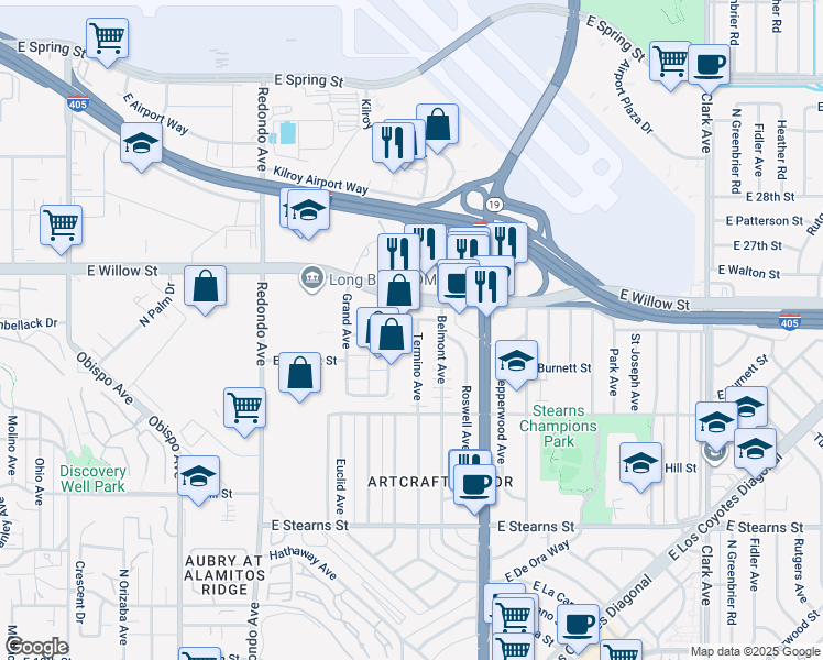 map of restaurants, bars, coffee shops, grocery stores, and more near 2533 Termino Avenue in Long Beach