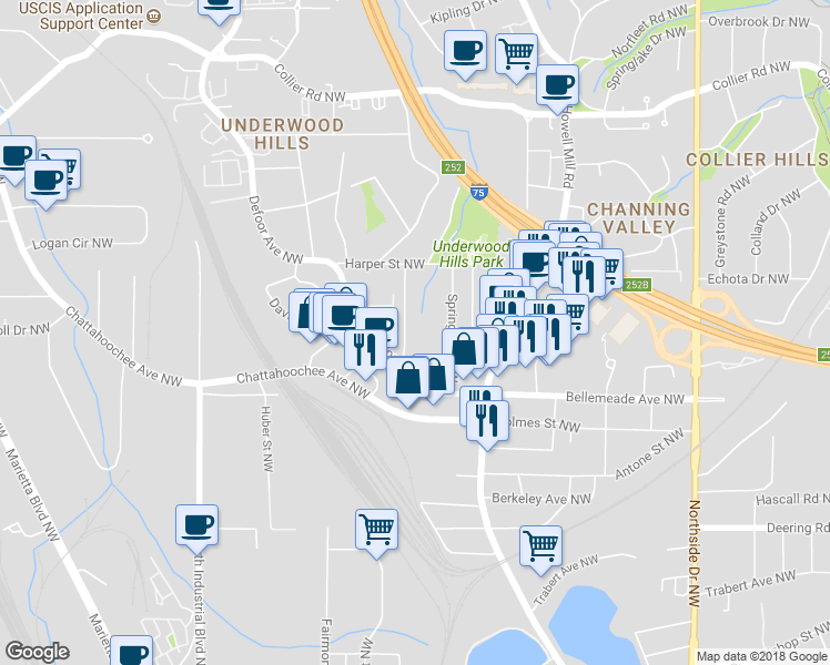 map of restaurants, bars, coffee shops, grocery stores, and more near 1735 Marvin Street Northwest in Atlanta