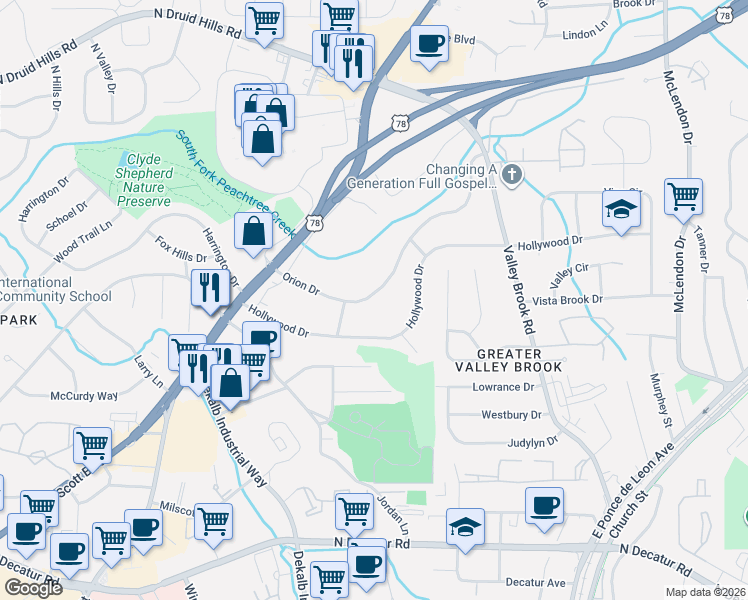 map of restaurants, bars, coffee shops, grocery stores, and more near 2833 Orion Drive in Decatur