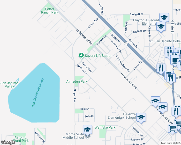 map of restaurants, bars, coffee shops, grocery stores, and more near 1414 Avena Way in San Jacinto