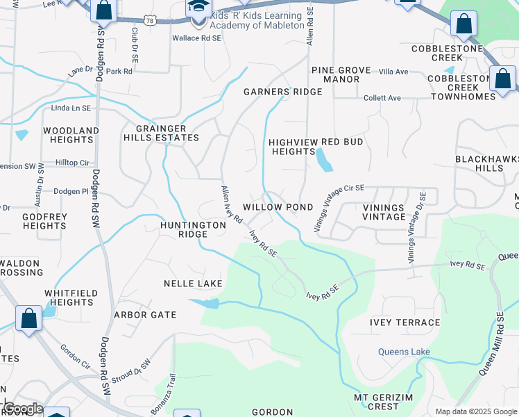 map of restaurants, bars, coffee shops, grocery stores, and more near 178 Iveydale Road Southeast in Mableton